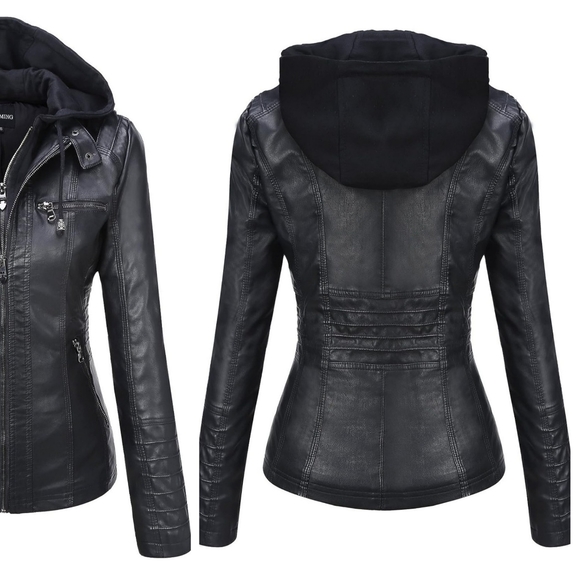 Women's Removable Hood Faux Leather Jacket XXL in Black - Picture 7 of 16